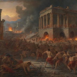 An intense portrayal of the final day of Pompeii, with terrified citizens and falling structures, imbued with a sense of dramatic foreboding and the meticulous detail characteristic of Karl Bryullov's historical painting style.