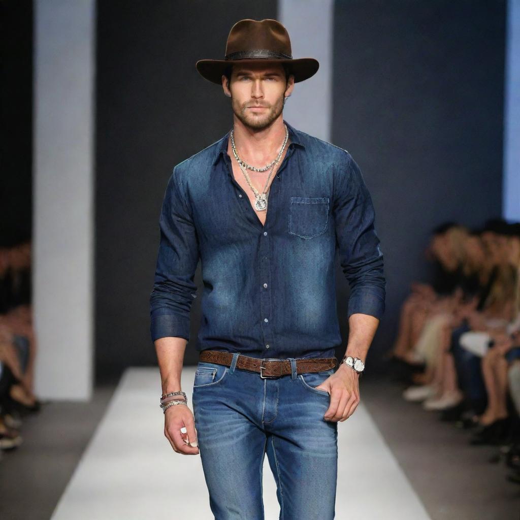 Handsome male model in slim-fit jeans and leather accessories, adorned with exquisite jewelry and stylish hats, confidently strutting on the runway.