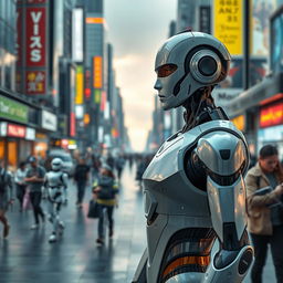 In a near future where robots seamlessly integrate into everyday life, visualize a bustling city scene filled with humanoid robots performing various essential tasks