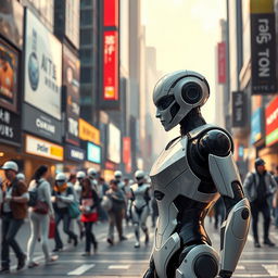 In a near future where robots seamlessly integrate into everyday life, visualize a bustling city scene filled with humanoid robots performing various essential tasks
