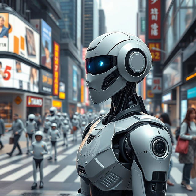 In a near future where robots seamlessly integrate into everyday life, visualize a bustling city scene filled with humanoid robots performing various essential tasks