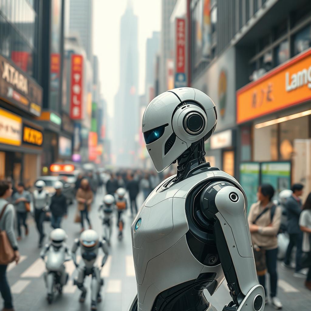 In a near future where robots seamlessly integrate into everyday life, visualize a bustling city scene filled with humanoid robots performing various essential tasks