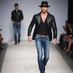 Handsome male model in slim-fit jeans and leather accessories, adorned with exquisite jewelry and stylish hats, confidently strutting on the runway.