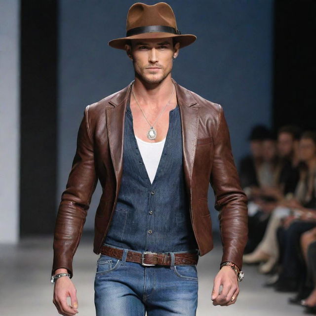 Handsome male model in slim-fit jeans and leather accessories, adorned with exquisite jewelry and stylish hats, confidently strutting on the runway.