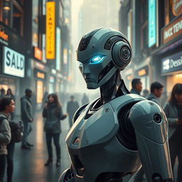 In a near future where robots are integrated into everyday life, visualize a bustling urban environment with humanoid robots engaged in various essential tasks, reflecting their roles in society
