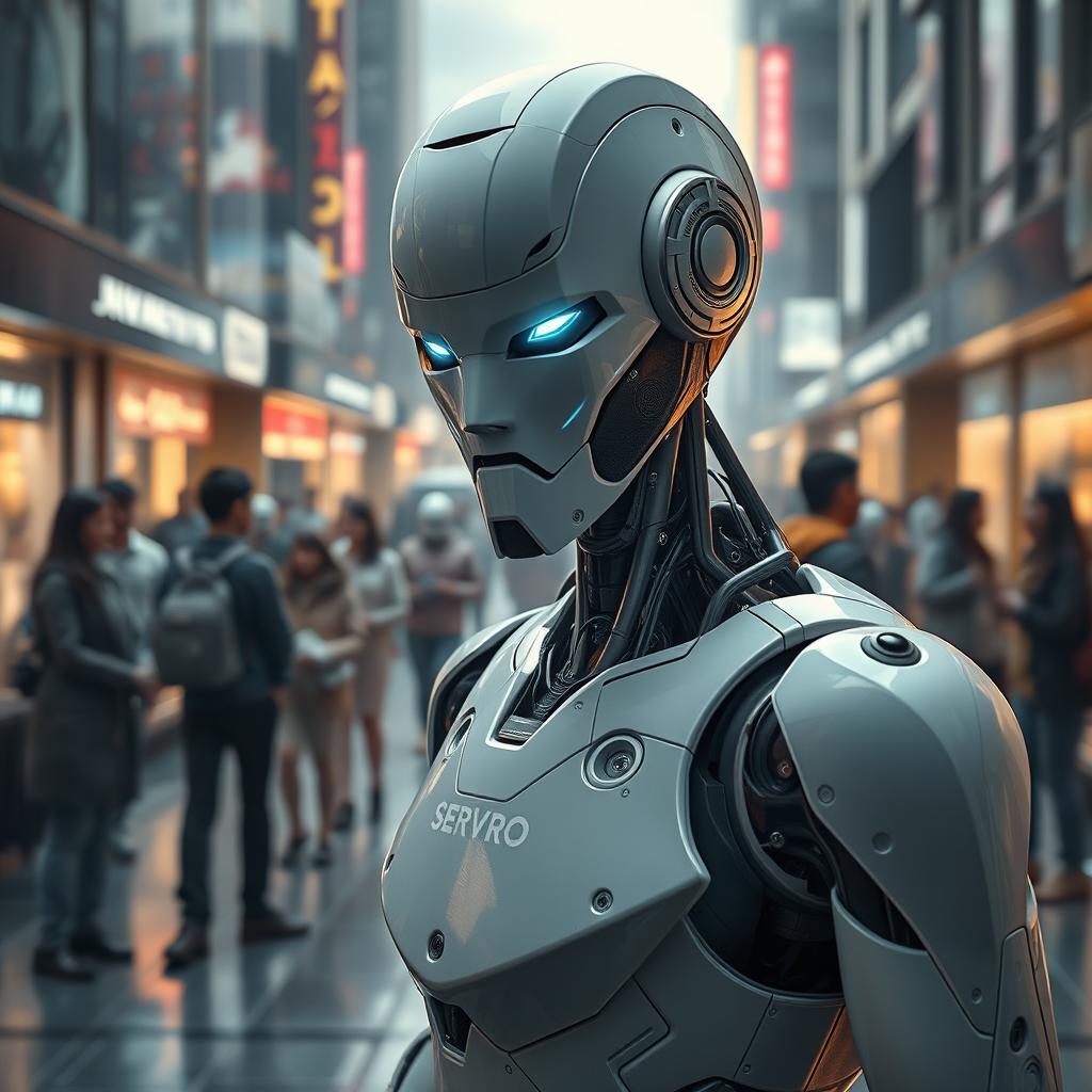 In a near future where robots are integrated into everyday life, visualize a bustling urban environment with humanoid robots engaged in various essential tasks, reflecting their roles in society