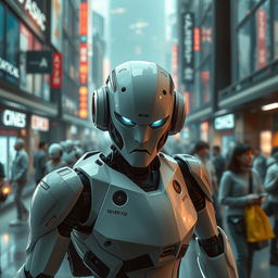 In a near future where robots are integrated into everyday life, visualize a bustling urban environment with humanoid robots engaged in various essential tasks, reflecting their roles in society