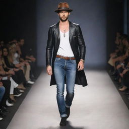 Handsome male model in slim-fit jeans and leather accessories, adorned with exquisite jewelry and stylish hats, confidently strutting on the runway.