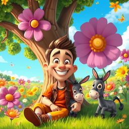 A cartoonish scene of a cheerful man sitting under a large, colorful tree in a sprawling garden