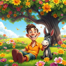 A cartoonish scene of a cheerful man sitting under a large, colorful tree in a sprawling garden