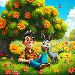 A cartoonish scene of a cheerful man sitting under a large, colorful tree in a sprawling garden