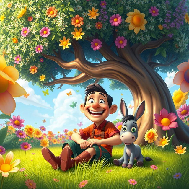 A cartoonish scene of a cheerful man sitting under a large, colorful tree in a sprawling garden