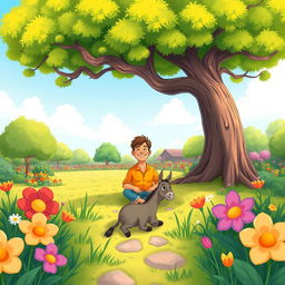 A whimsical, cartoonish illustration showing a man sitting peacefully under a large, colorful tree in a spacious garden, viewed from a distance and a high angle