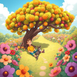 A whimsical, cartoonish illustration showing a man sitting peacefully under a large, colorful tree in a spacious garden, viewed from a distance and a high angle