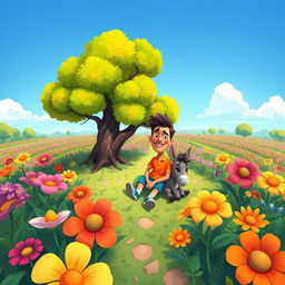 A whimsical, cartoonish illustration showing a man sitting peacefully under a large, colorful tree in a spacious garden, viewed from a distance and a high angle