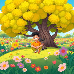 A whimsical, cartoonish illustration showing a man sitting peacefully under a large, colorful tree in a spacious garden, viewed from a distance and a high angle