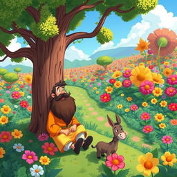 A whimsical, cartoonish illustration of a man with a long beard sitting comfortably under a large, colorful tree in a vast garden