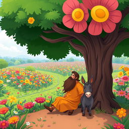 A whimsical, cartoonish illustration of a man with a long beard sitting comfortably under a large, colorful tree in a vast garden