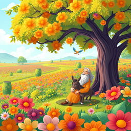 A whimsical, cartoonish illustration of a man with a long beard sitting comfortably under a large, colorful tree in a vast garden