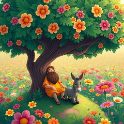 A whimsical, cartoonish illustration of a man with a long beard sitting comfortably under a large, colorful tree in a vast garden