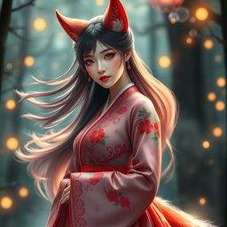 A stunning Kumiho, a beautiful mythical creature from Korean folklore, portrayed as an alluring woman with fox-like features such as sharp ears, sly eyes, and a graceful tail