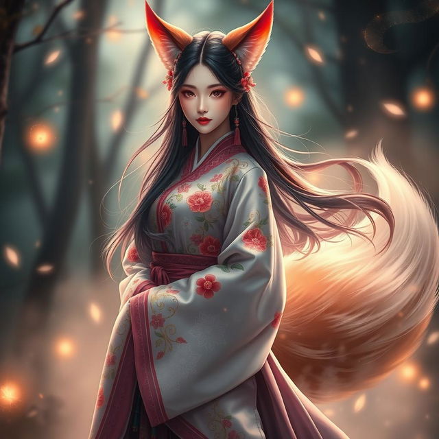 A stunning Kumiho, a beautiful mythical creature from Korean folklore, portrayed as an alluring woman with fox-like features such as sharp ears, sly eyes, and a graceful tail