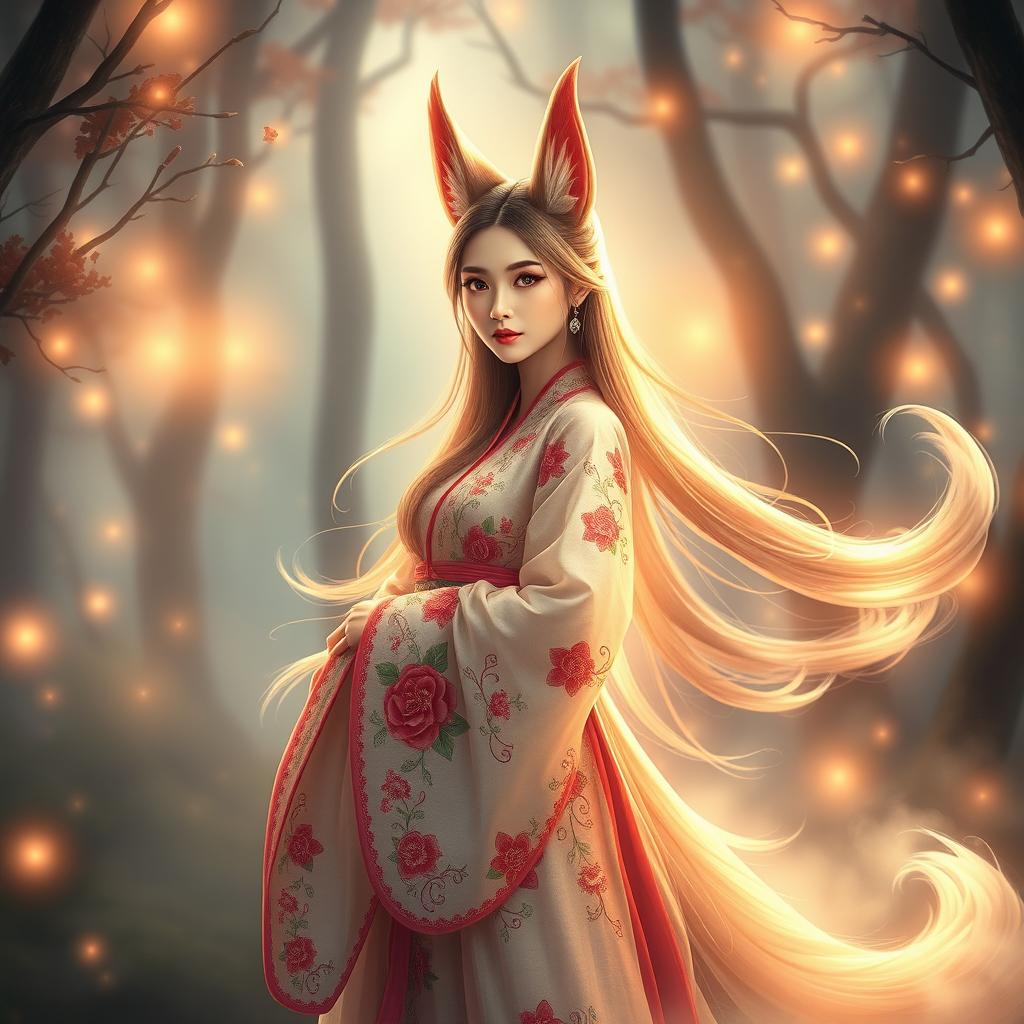 A stunning Kumiho, a beautiful mythical creature from Korean folklore, portrayed as an alluring woman with fox-like features such as sharp ears, sly eyes, and a graceful tail