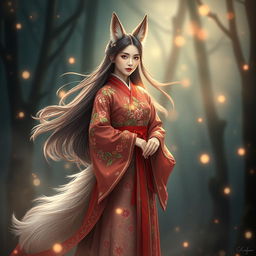 A stunning Kumiho, a beautiful mythical creature from Korean folklore, portrayed as an alluring woman with fox-like features such as sharp ears, sly eyes, and a graceful tail
