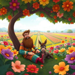 A whimsical, cartoonish illustration of a man with a long brown beard sitting comfortably under a large, colorful tree in a vast garden