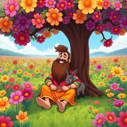A whimsical, cartoonish illustration of a man with a long brown beard sitting comfortably under a large, colorful tree in a vast garden