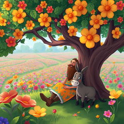 A whimsical, cartoonish illustration of a man with a long brown beard sitting comfortably under a large, colorful tree in a vast garden