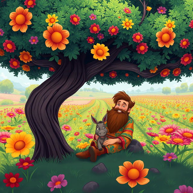 A whimsical, cartoonish illustration of a man with a long brown beard sitting comfortably under a large, colorful tree in a vast garden