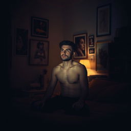 A solitary man in a dimly lit room, the atmosphere filled with an intimate and contemplative mood