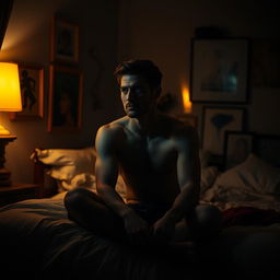 A solitary man in a dimly lit room, the atmosphere filled with an intimate and contemplative mood