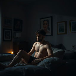 A solitary man in a dimly lit room, the atmosphere filled with an intimate and contemplative mood