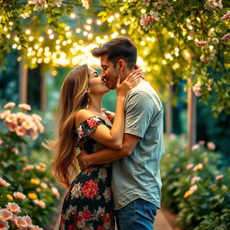 A romantic scene depicting a couple kissing under a canopy of soft fairy lights in a lush garden