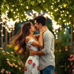 A romantic scene depicting a couple kissing under a canopy of soft fairy lights in a lush garden