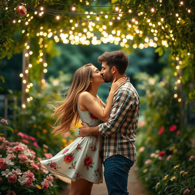 A romantic scene depicting a couple kissing under a canopy of soft fairy lights in a lush garden