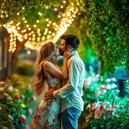 A romantic scene depicting a couple kissing under a canopy of soft fairy lights in a lush garden