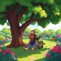 A cartoonish illustration of a man sitting under a large tree in a big garden, viewed from a distance and above, resembling the style of a children's storybook