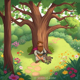 A cartoonish illustration of a man sitting under a large tree in a big garden, viewed from a distance and above, resembling the style of a children's storybook