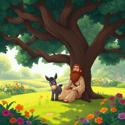 A cartoonish illustration of a man sitting under a large tree in a big garden, viewed from a distance and above, resembling the style of a children's storybook