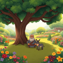 A cartoonish illustration of a man sitting under a large tree in a big garden, viewed from a distance and above, resembling the style of a children's storybook
