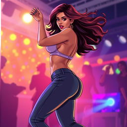 A vibrant and dynamic illustration of a confident woman dancing, showcasing her energy and rhythm