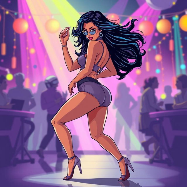 A vibrant and dynamic illustration of a confident woman dancing, showcasing her energy and rhythm