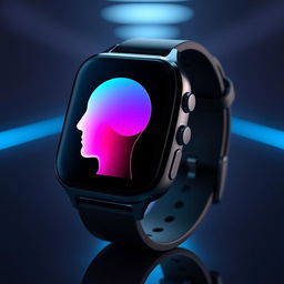 A visually stunning smart watch featuring a digital interface that resembles a stylized head with a gradient color scheme transitioning from blue to pink