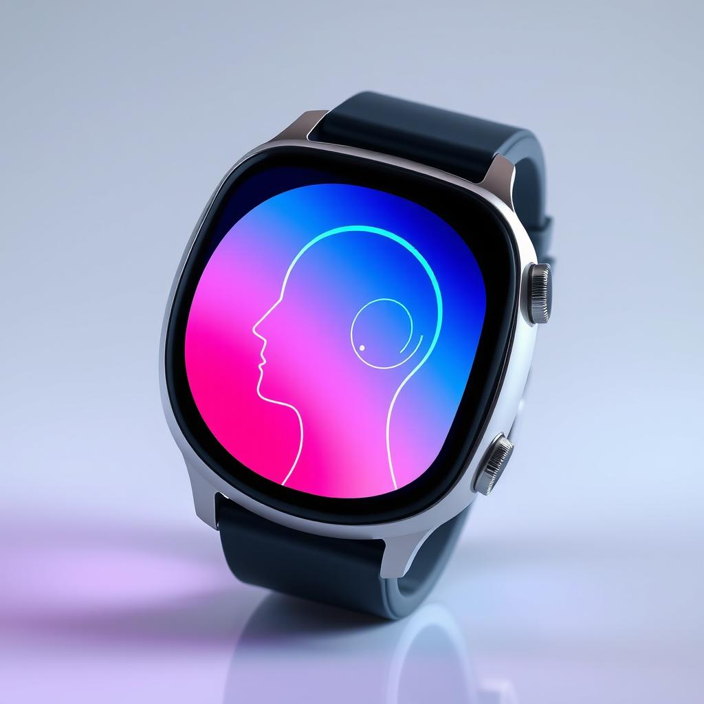 A visually stunning smart watch featuring a digital interface that resembles a stylized head with a gradient color scheme transitioning from blue to pink