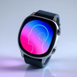 A visually stunning smart watch featuring a digital interface that resembles a stylized head with a gradient color scheme transitioning from blue to pink