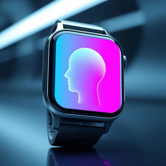 A visually stunning smart watch featuring a digital interface that resembles a stylized head with a gradient color scheme transitioning from blue to pink