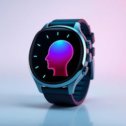 A visually stunning smart watch featuring a digital interface that resembles a stylized head with a gradient color scheme transitioning from blue to pink